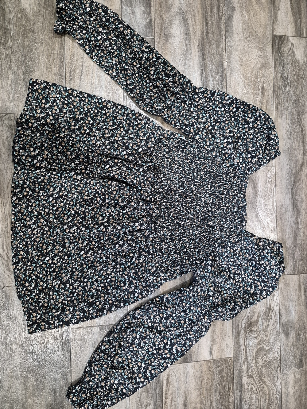 Black Floral Long-Sleeve Smocked Waist Dress